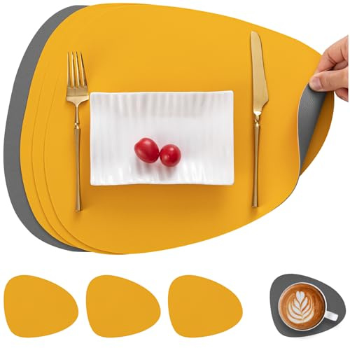 Myir JUN Set Table Cuir Simili Dessous de Table Double Face Lot de 4 | Set de Table Antidérapant Double Face Sets de Table Lavable Imperméables Set Table et Dessous de Verre Set Table Plastique