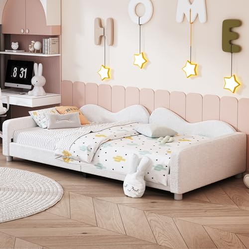 Merax Polsterbett Kinderbett 90x200 cm aus weichem Teddystoff – Schlafsofa mit Rückenlehne und Armlehnen in Weiß, das ideale Bett für Kinder und Gäste (ohne Matratze)