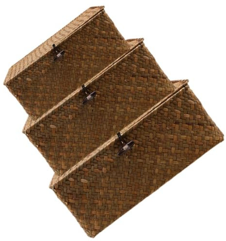 STOBAZA 3stücke Geflochtener Korb Mit Deckel Aus Rattanmöbel Für Aufbewahrung Dekorativer Korb Mit Deckel Zur Ordnung Von Kleinigkeiten Organizer Für Schreibtisch Und Haushalt