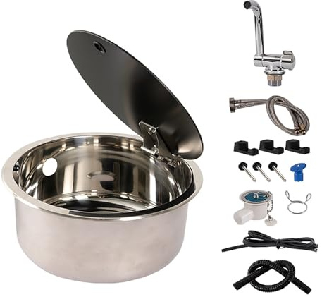 Fregadero Camper, Fregadero de Acero Inoxidable, Kit de Fregadero para Autocaravana con Grifo y Tapa Plegables, (Size : Round)
