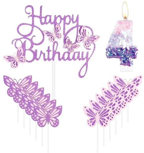 Geburtstagskerzen Happy 4th Butterfly, rosa lila Zahl 4 Kerze mit Schmetterlingskuchen, Cupcake-Topper für Mädchen, Kuchendekorationen zum 4. Geburtstag, niedlicher 4. Geburtstag Kuchenaufsatz für