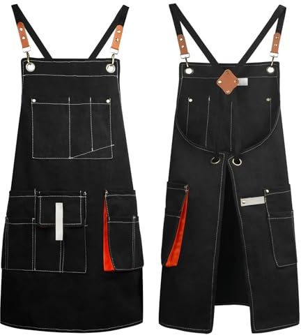 CONDA Grembiule da Chef, con Spalline Incrociate sul Retro, con Tasche, per Uomini e Donne, 100% Tela di Cotone, Regolabile, per Cucinare, Ceramiche, Pasticceria e Pittura