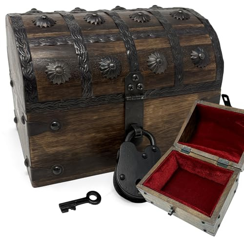 Nautical Cove Wooden Treasure Chest with Padded Velvet Lining and Antique Lock with Skeleton Keys (Small 8x6x6) – Luxury Wood Pirate Chest, Wooden Keepsake Box, Decorative Box with Lid