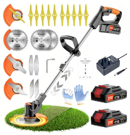 Wrneaoch Desbrozadora Bateria 21V Desbrozadora Electrica Retráctil Cortacésped con 6 000 RPM y Motor de 650 W, con 2 Baterías de 2,0 Ah (Black Grass Trimmer)