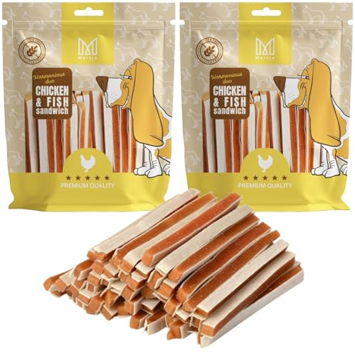 MERSJO Hundeleckerli - 60% Hoher Fleischanteil, Keine Zusatzstoffe, Getreide- und Zuckerfrei, Leckereien für Hunde zur täglichen Ergänzung, Natürliche Kauhilfe, Huhn und Kabeljau Sandwich, 1000g