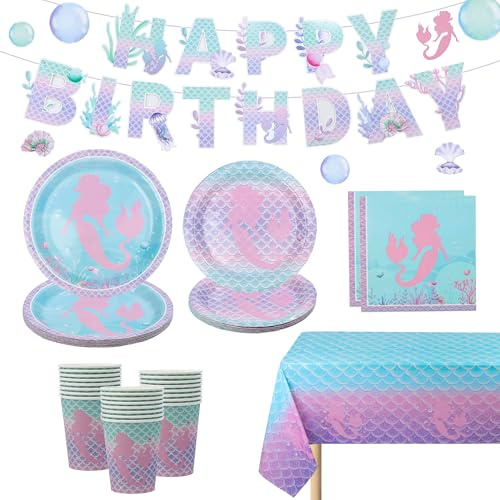 fanquare Mermaid Party Tableware Set for Girl 170Pcs Mermaid Supplies 24 Guests Recyclable Party Paper Plates Cups Napkins Tablecloth Birthday Banner for Girls Birthday