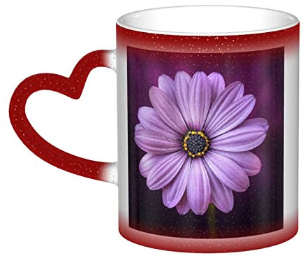 CPEOWZL Violette Chrysanthemen-bedruckte Farbwechsel-Tasse – Rot – einzigartiges Herz-Design – Farbwechselnde magische Tasse
