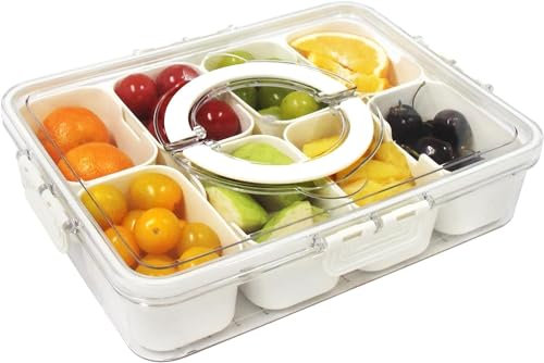 Sagreeny Divided Serving Tray with Lid and Handle, Portable Food Storage Container, 8 Compartment Snack Platters for Veggies Candy Fruits Nuts, Reusable Snack Box for Entertaining Party Picnic