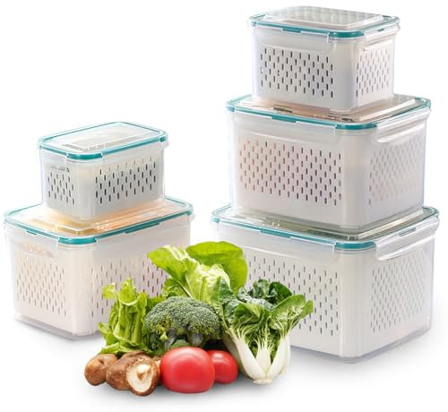 Seahelms 5 Set Frischhaltedosen Obst Gemüse mit Deckel Sieb (7.2l+4.55l+3.3l+1.85l +0.85l) BPA Frei Kühlschrank Organizer Frischhalteboxen Set Salat Beeren Aufbewahrung Vorratsdosen