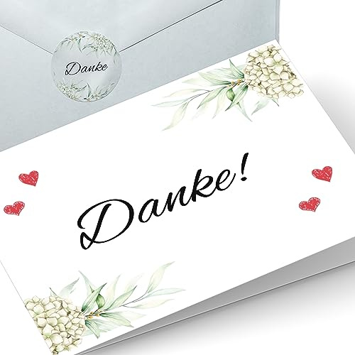 30 Dankeskarten zur Hochzeit, Taufe, Konfirmation Klappkarte A6 inkl. 30 Umschlägen und 36 Danke Aufklebern zum Versiegeln - Danke für Gäste - Boho-Design: Hortensie