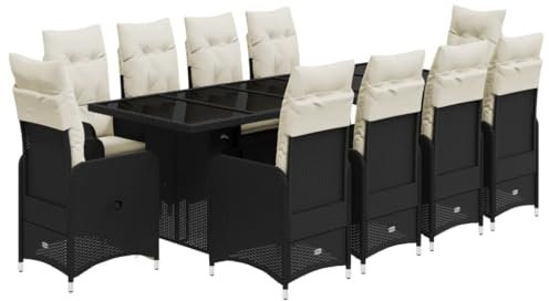 vidaXL Garten Bistroset 11-TLG., Balkonset mit Kissen, Gartenmöbel Tisch 10 Verstellbare Stühle, Balkonmöbel Sitzgruppe Gartengarnitur, Schwarz Poly Rattan