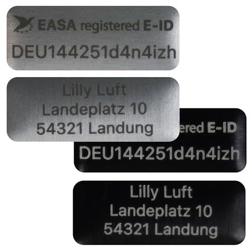Flying-Drone Drohnen Plaketten-Set e-ID Kennzeichen Alu | Design EASA registriert 20×8 e-ID + Freitext | Lasergraviert feuerfest selbstklebend | für DJI Lito, DJI Mini, Avata 360 & weitere | <0,6g