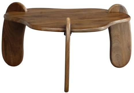 WOHNLING Table Basse 78x78x39,5 cm Bois Massif Manguier Coloris Noyer | table de salon trépied organique bas, table à café massive, pièce unique faite main, bout de canapé original