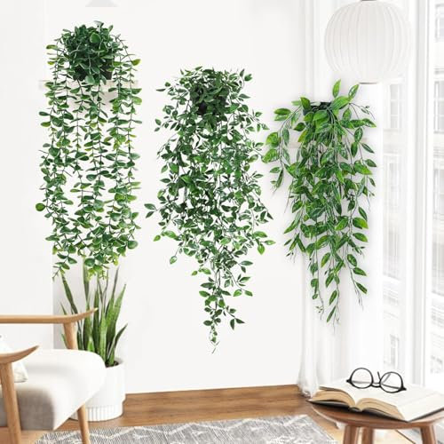3 Pcs Decorative Artificial Hanging Plants With Pots - Green Potted Trailing Plant, Eucalyptus Fake Vine Leaves for Home Garden Shelf Wall Decoration