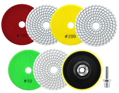 SANLEETEK Nass Diamant Polierscheiben - Diamant Polierpad 6 Stücke 100mm Körnung 50x2/100x2/200x2 mit M14 Stützteller+Adapter für Granit Marmor Kunststein Quarz für Winkelschleifer