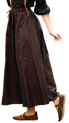 Leonardo Carbone® Damen Rock Dana | Elastischer Bund | Verstellbarer Kordelzug | Karneval, Halloween, Cosplay, LARP, Mittelalterrock, Kostüm, Gewand | Baumwolle Dunkelbraun/Schwarz L/XL