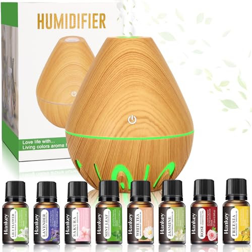 XUNIVERS 200ML Difusor Aceites Esenciales,Humidificador de Aromas con 8x10ml Aceites Esenciales,Humidificador Ultrasónico y Ultrasilencioso con 7 Colores LED, Ultra Silencioso, Grano de Madera