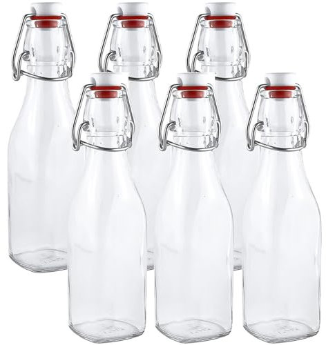 DZGUAI Paquete de 6 botellas de vidrio con tapa abatible de 8 onzas con tapones, botellas cuadradas de 250 ml para bebidas infundidas, jugos, aceites, a prueba de fugas, a prueba de olores