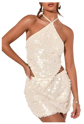 SweatyRocks Women's Sexy Sequin Halter Tops Crisscross Tie Backless Asymmetrical Y2k Going Out Party Concert Top Apricot Large
