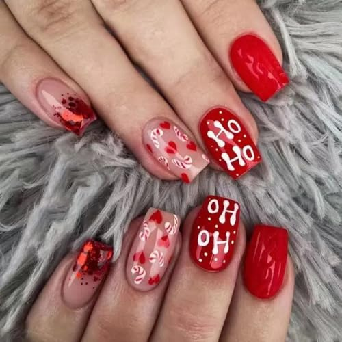 Ztcily 24 Pcs Faux Ongles Rouge Paillettes Court Carré | Design Coeur et Lettres | Press-on Nails Rouge Femmes Filles | Idée Cadeau de Noël Mariage Fête des Mères