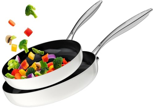 stackbear Set di padelle antiaderenti in ceramica per cucinare, set di padelle a tre strati in acciaio inox da 26 + 30 cm, padella atossica, senza PTFE e PFOA, compatibile con tutti i piani cottura