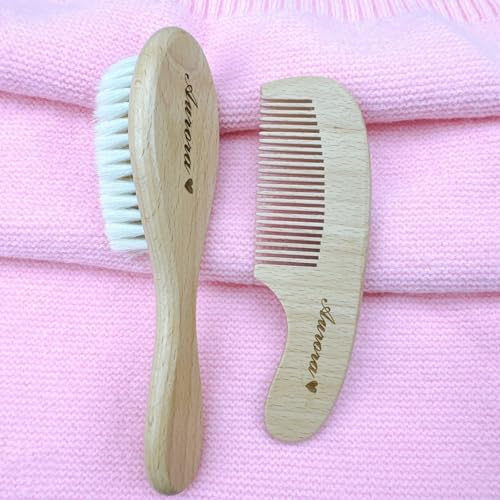 Personalisiertes Baby-Haarbürstenset, Individuelle Gravur Mit Dem Namen Des Kindes, Weiche Babybürste, Massagebürste Und Kamm Aus Naturholz, Zur Vorbeugung Von Milchschorf(1+4)