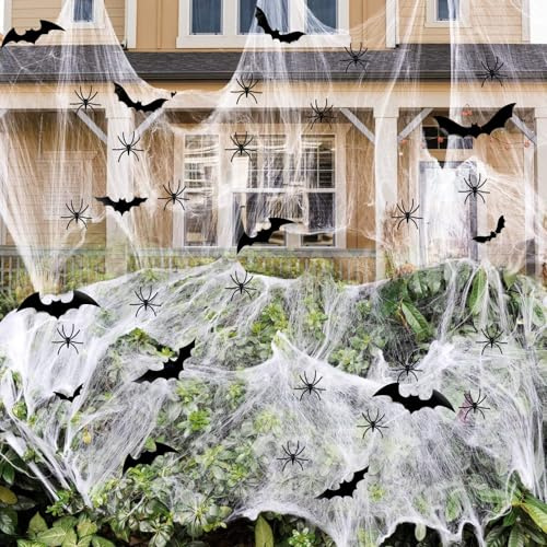 Ragnatele Halloween Decorazioni Esterno Kit,200g Ragnatela Diy,40 Pezzi Ragnetti Finte,24pezzi Pipistrelli Decorazione,Ragnatele Decorazioni Halloween Casa Set Per Giardino,Finestra,Festa