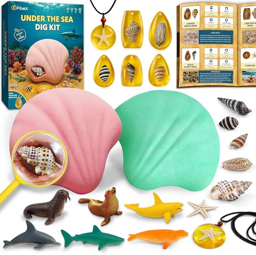 PIBEX Under the Sea Dig Kit, 18 Seashells, Amber & Animals, Necklace Making | Snail Shells Resin Amber with Starfish, Ocean Animal Creatures Toy, Marine Biology Gift, STEM Activity Kit for Kids Ages 6-12