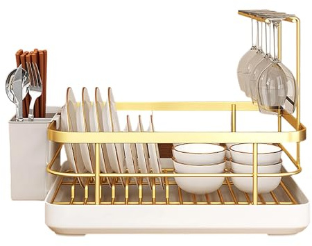 Dish Drying Rack, 2-Tier Multifunctional Rack for Kitchen Counter, with Removable Utensil Holder, Black Sink Accesories (Gold, 34x26x16cm)