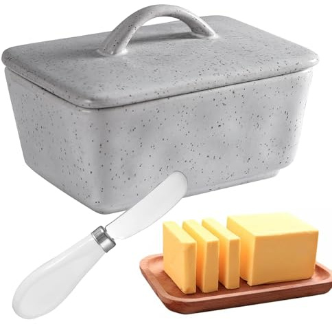 Butterdose Keramik mit Deckel, Butterglocke, Butterdose Porzellan, mit Buttermesser, Butterdosen, für Tisch und Tafelaufsätze, Spülmaschinenfest, 350ML, Grau