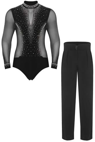 Sinleey Ensemble Künstlerische Eiskunstlauf Outfit Für Herren Strass Langarm Body Und Hose Tanz Gymnastik Kostüm