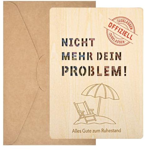 MINISONA NICHT MEHR DEN PROBLEM! Lustige Renten-Glückwunschkarte aus Holz mit Geldgeschenk-Fach - Humorvolle Abschiedskarte & Geschenk zur Pensionierung für Kollegen (Ruhestand)
