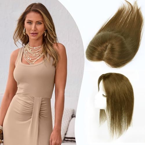 Haarteile Für Frauen Echtes Menschenhaar 30cm 360° Haarteil Aus Menschenhaar Für Frauen Mit Dünner Werdendem Haar Realistische Kopfhaut Zum Einclipsen Glattes Haar (Hellbraun #6, Seitlicher Pony)