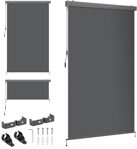 Monucep Toldo vertical de 250 x 160 cm para balcón y terraza, robusto estor exterior como toldo lateral ajustable con manivela, resistente a la intemperie y con protección visual, incluye carcasa de