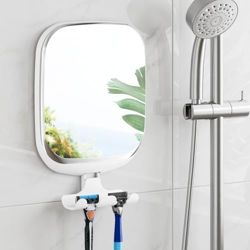TAILI Anti Fog Shower Shaving Mirror with Holder,Suction Wall-Mounted,White | Fogless Bath Mirror, Shatterproof, Removable, No-Drilling Bathroom Accessories for Men and Women