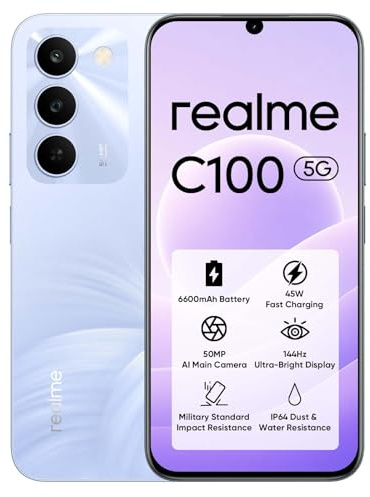 realme C100 5G Smartphone 128GB ROM, Batería Titan 6600mAh y Carga Rápida 45W, Teléfono Móvil con 144Hz Ultra Brillante, Android 16 Móviles Resistencia a Antigolpes Militar, Carga Inversa 6.5W, IP64
