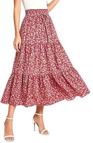 DOINEUFL Womens Skirts Midi Skirt for Women UK Summer Casual Ladies Skirts Elasticated Waist Boho Floral Tiered Ruffle Skirt (UK, Alpha, S, Regular, Regular, Red Floral)