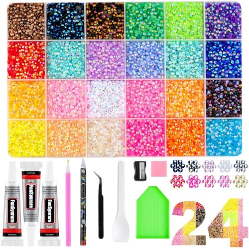 40 Färger Bedazzling Kit 3mm, 32000 Jelly-hartsplattade strassstenar, DIY-pärlsats med upplockande penna, pincett och 3 rör 10ml mångsidigt lim för naglar, skor, kläder och mobilfodral (5) | 3 mm platta strass, mångsidigt lim, plockstift, pincett, tillbehör. För naglar, kläder, skor, mobilskal