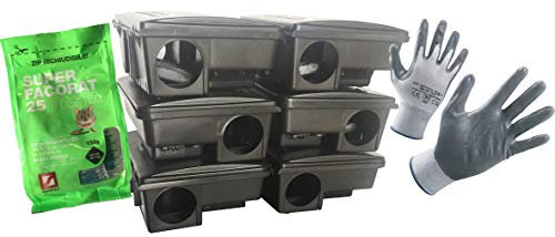 Montidistribuzione 6 Contenitori Neri per Esche Velenose Stazioni di Sicurezza HACCP. Distributori Erogatori per Ratti e Topi Grandi. Omaggio Guanti da Lavoro + Gr 150 Topicida Pasta Fresca