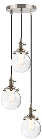 Phansthy Pendelleuchte 3 Flaming Kugeln Klar Glas Hängeleuchte Vintage Hängelampen Retro Design Modernes Hängeleuchte Pendellampe Loft-Pendelleuchte im Landstil (Gebürsteter Edelstahl Farbe)