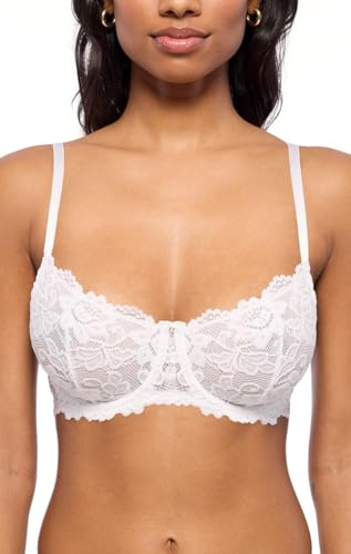 Jenny Jen Emma Underwire Lace Bra, Unpadded Sheer Lingerie for Women, Perfect Everyday Balconette Demi Bra (34D, White)
