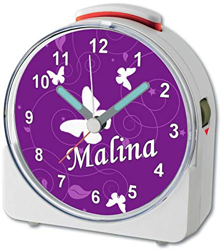 CreaDesign, WU-71-1032-05, Schmetterling Lila, analog Kinderwecker weiß, Funkwecker mit Sweep-Uhrwerk und fluoreszierenden Zeiger und Licht, personlisiert mit Namen, 10,2 x 4,6 x 11 cm