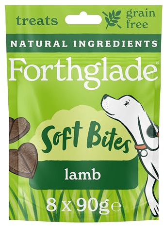 Forthglade Natural Dog Treats (8 x 90g Bags) - Hypoallergenic & Grain Free Dog Treats with Lamb, Hand-Baked Soft Bites, Resealable Bags