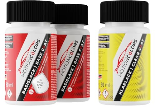 MOTIONCOLORS Velvet Red Metallic/Velvet Rot Premium Metallic LF3P / K1 für Skoda Autolack Lackstift Set Grundlack Basislack Klarlack je 50ml