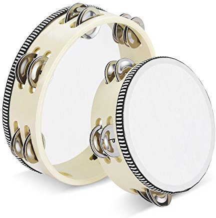 Flexzion 2 Stück Holz Handheld Tamburine - 8 + 6 Zoll Set mit zweireihigen Metall Jingle Bell (Holz) Hand Tamburin Percussion Drum Moon Musikinstrument