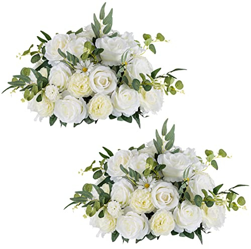 NUPTIO Large Flower Centerpieces for Tables: 17.7 inch Diameter White Artificial Flower Ball Arrangement for Wedding Party Centerpiece - 2 Pcs Fake Floral Rose for Bridal Shower Decorations