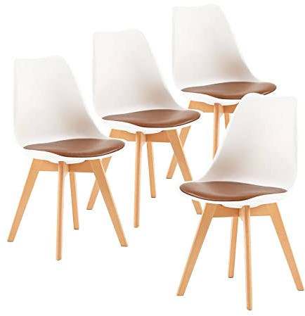 EGGREE Lot de 4 Chaises Salle à Manger Scandinaves SGS Tested Chaises de Cuisine Rembourrée en Cuir PU Chaise de Bureau Con Pieds en Bois de Hêtre Massif, Blanc & Marron
