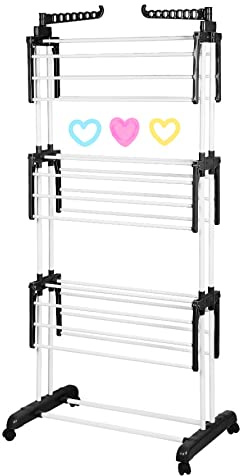 Séchoir à Linge Tour 3 Étages Doubles. Étendoir à Linge Interieur Pliable avec Roues et Extensible pour Intérieur et Extérieur, avec Support pour Les Petits Objets, 75*64*170 cm (noir + blanc)