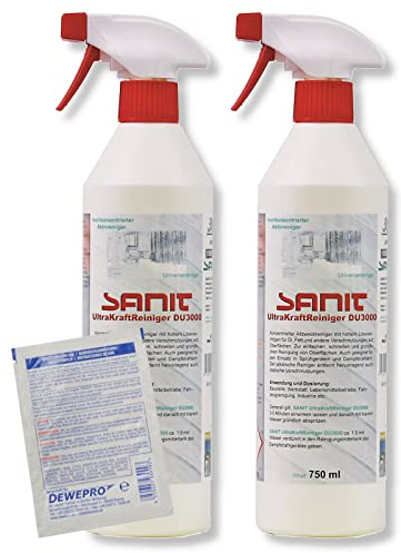 DEWEPRO-Set: SANIT UltraKraftReiniger DU3000 (3013) - 2 Flaschen à 750ml - konzentrierter Allzweckreiniger mit hohem Lösevermögen, inkl. 1 St. DEWEPRO® Single Scrubs