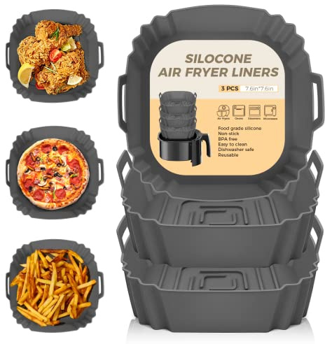 3 x Silikon-Luftfritteusen-Einlagen, 3–7 l, wiederverwendbar, Zubehör für Luftfritteusen, lebensmittelechtes Silikon, fettdicht, Airfryer Backblech, Korb, Küchenutensilien, Essentials, kompatibel mit